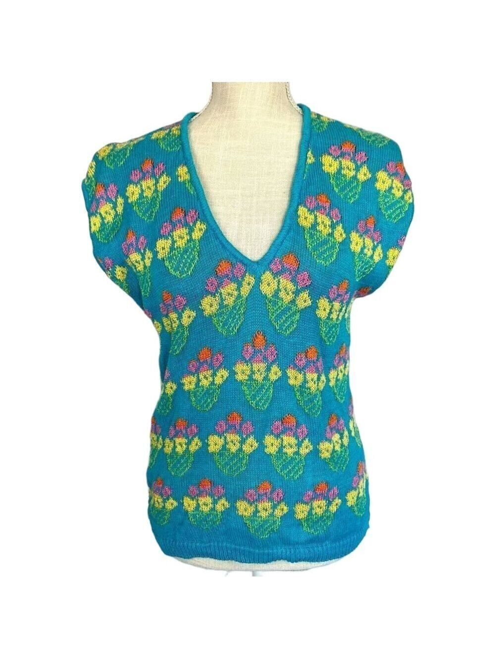 Vintage 80s Collage Women’s Blue Knit Sweater Vest Sz M Fun Floral Pattern Cap S